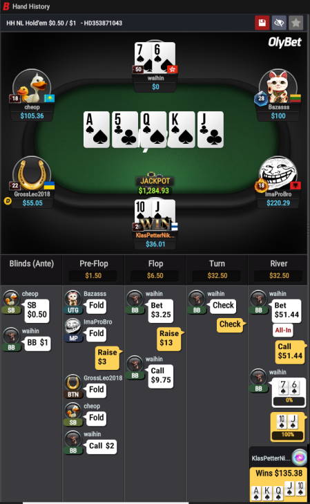 Texas Holdem NL Royal Flush Casino win picture by Klaspetterniklas 26.5.2020 1284.93e Olybet