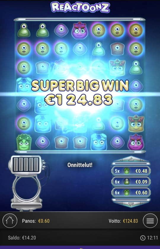 Reactoonz Casino win picture by Sonefinland 16.1.2021 124.83e 209X Wildz