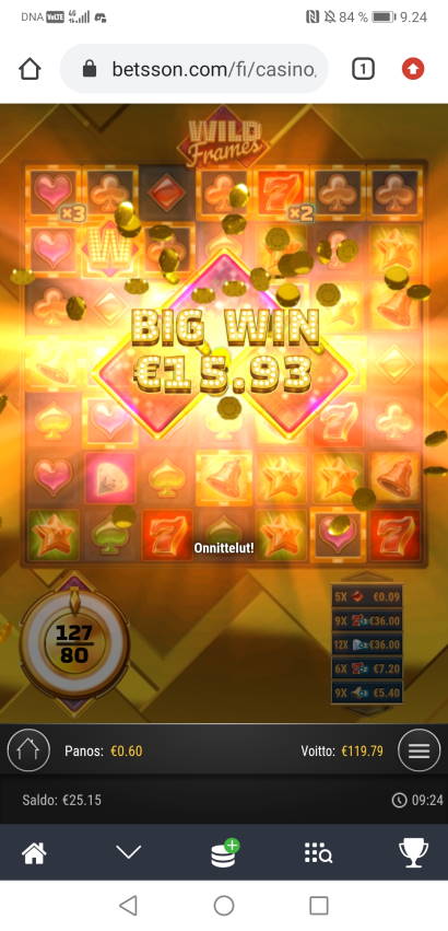Wild Frames Casino win picture by Hookos 7.3.2021 119.79e 200X Betsson