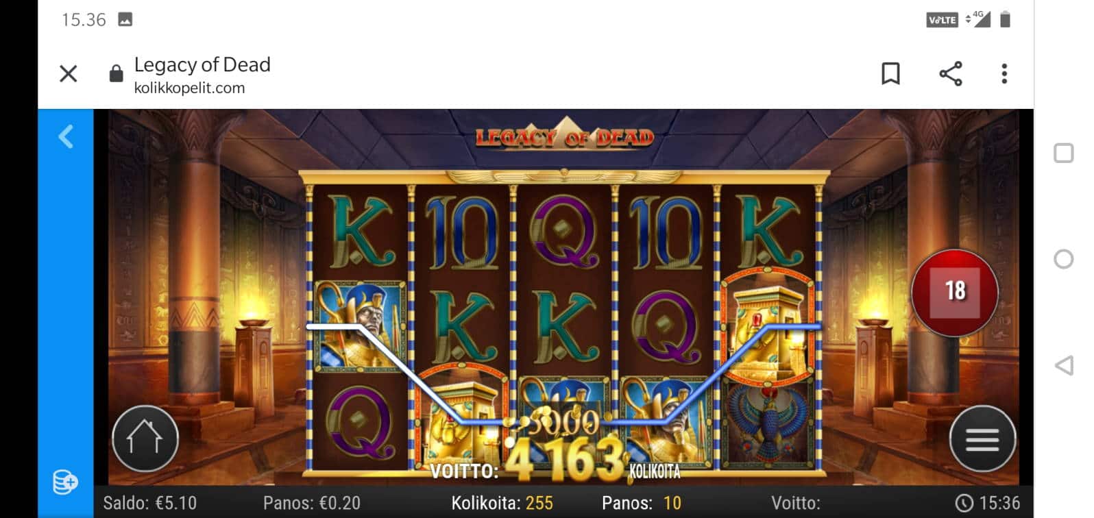 Legacy of Dead Casino win picture by MikoTiko 24.3.2021 100e 500X Kolikkopelit