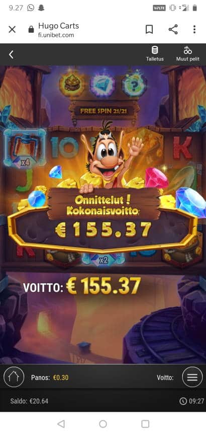 Hugo Carts Casino win picture by MikoTiko 9.9.2021 155.37e 518X Unibet