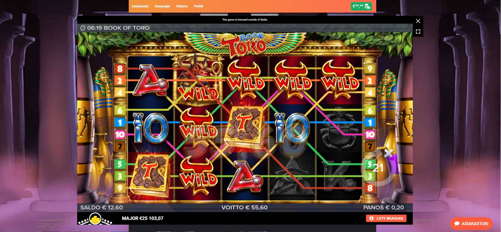 Book of Toro Casino win picture by Henkka 19.11.2021 55.60e 278X LeoVegas