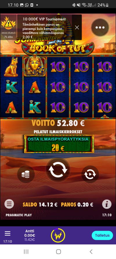 Book of Tut Casino win picture by dj_niemi 22.6.2022 52.80e 264X Wildz
