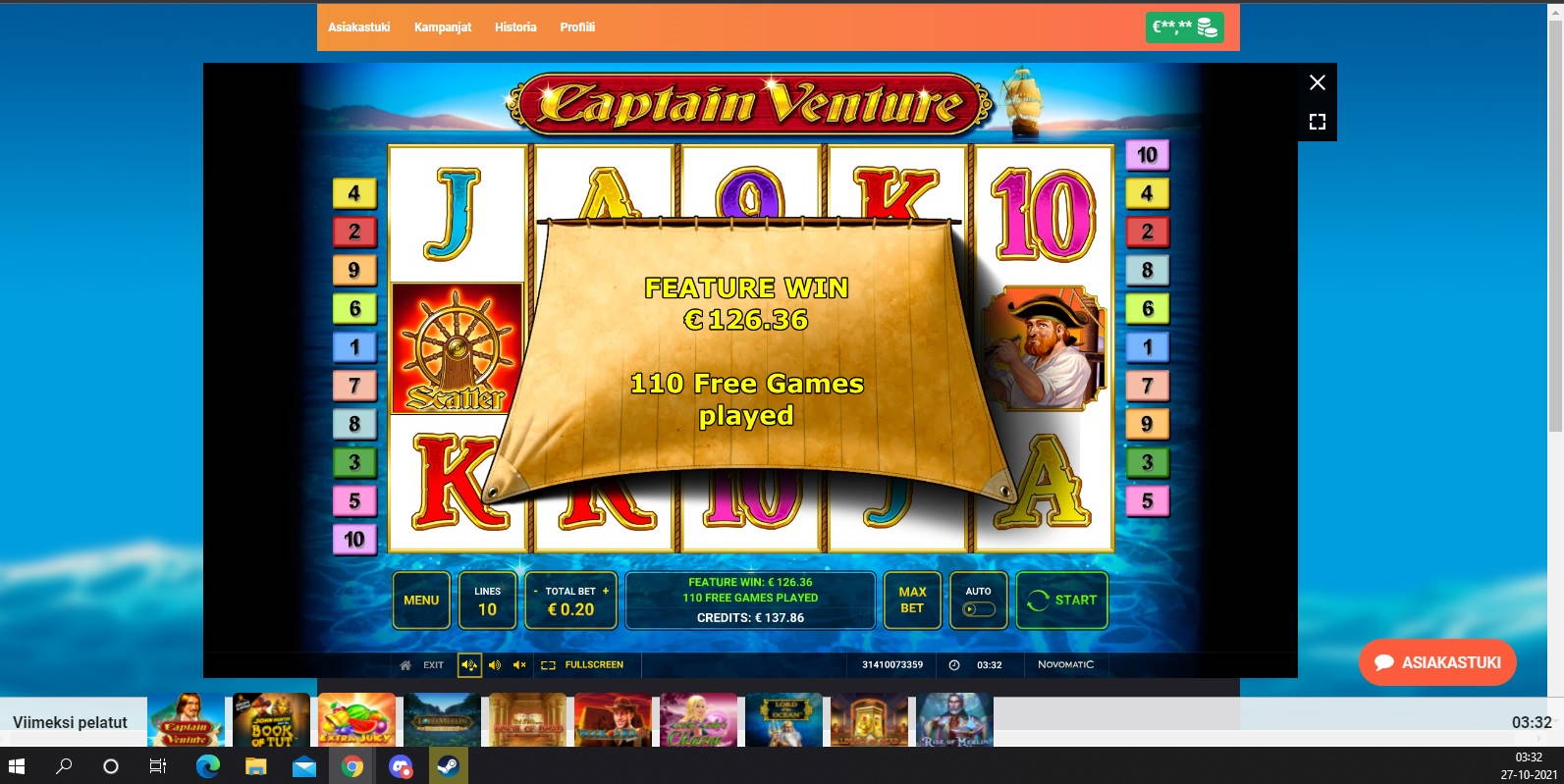 Captain Venture Casino win picture by Henkka 27.10.2021 126.36e 632X LeoVegas