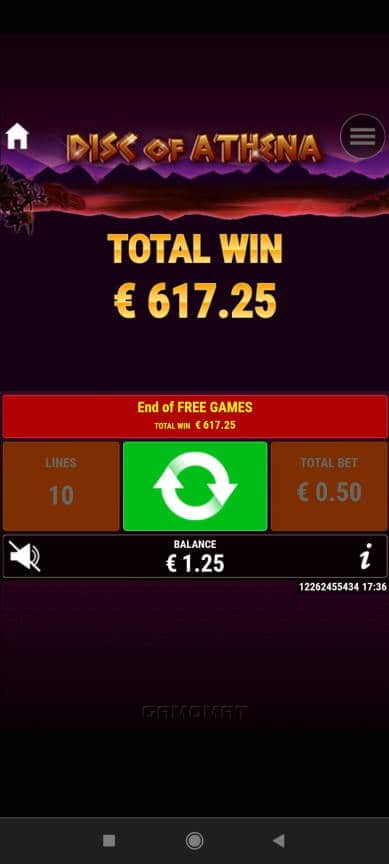 Disc of Athena Casino win picture by rossoneri82 5.10.2021 617.25e 1235X