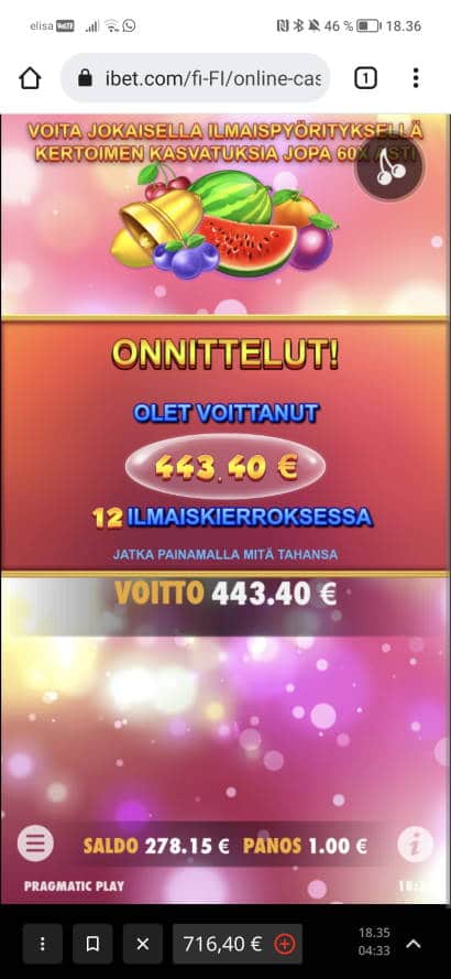 Fruit Party Casino win picture by jyrkkenkloppi 26.5.2022 443.40e 443X ibet