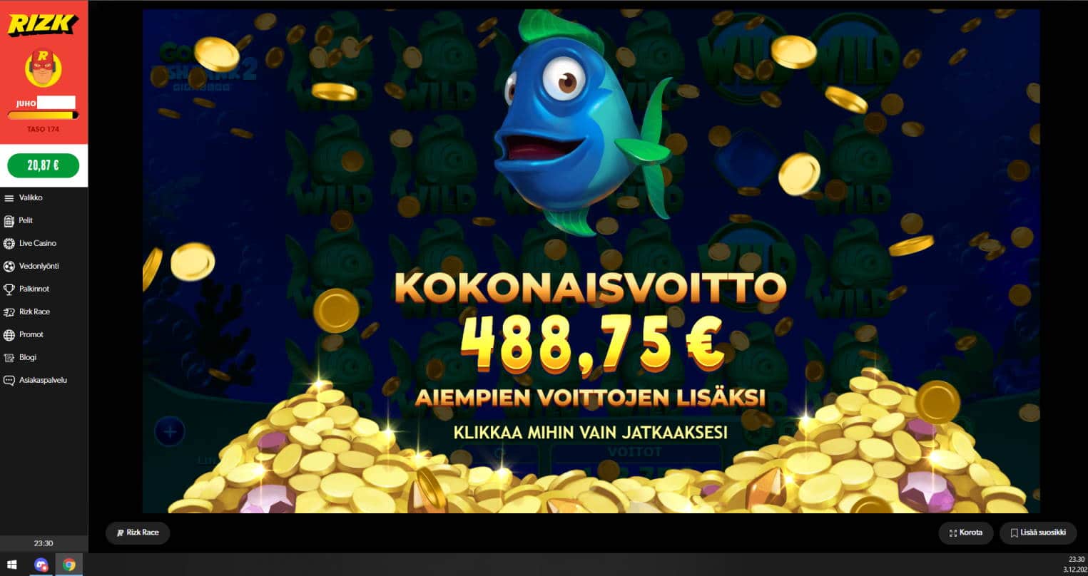 Golden Fish Tank 2 Casino win picture by R0KSH00Tz 3.12.2021 488.75e 1629X Rizk