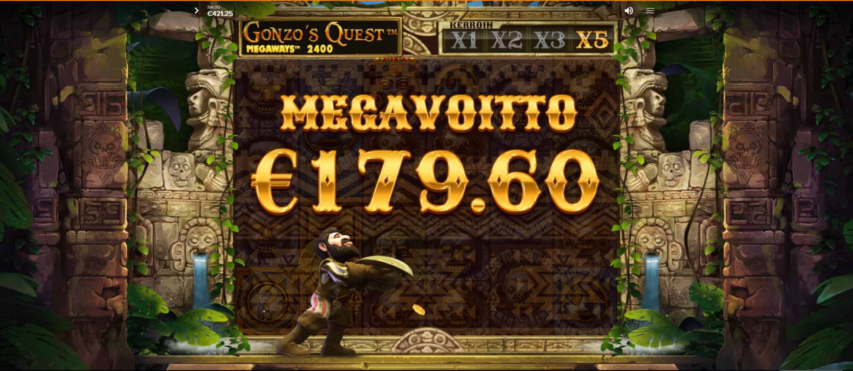 Gonzos Quest Megaways Casino win picture by Kari Grandi 24.11.2021 179.60e 180X