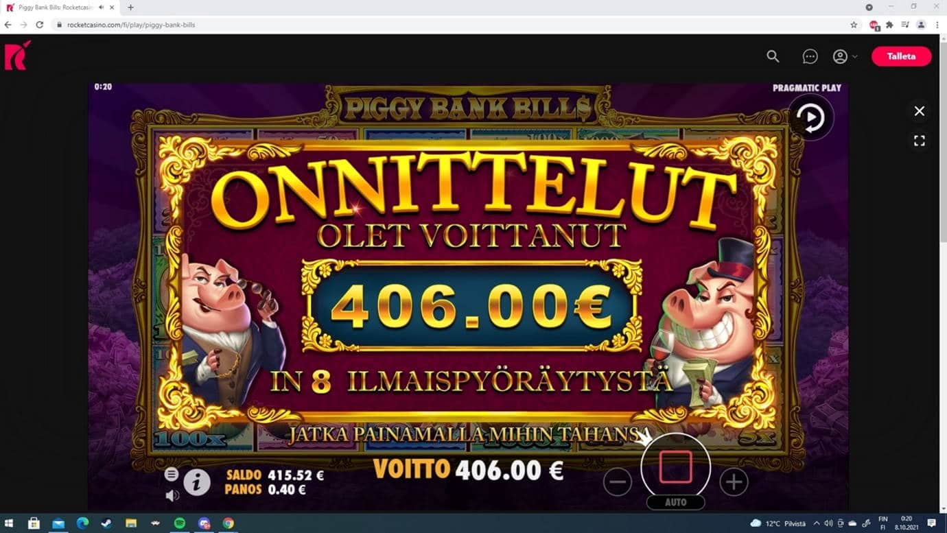 Piggy Bank Bills Casino win picture by Tomezu 8.10.2021 406e 1015X Rocket Casino