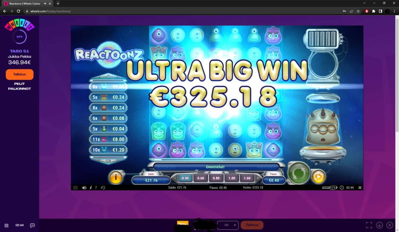 Reactoonz Casino win picture by PartyPantZ 1.7.2022 325.18e 813X Wheelz
