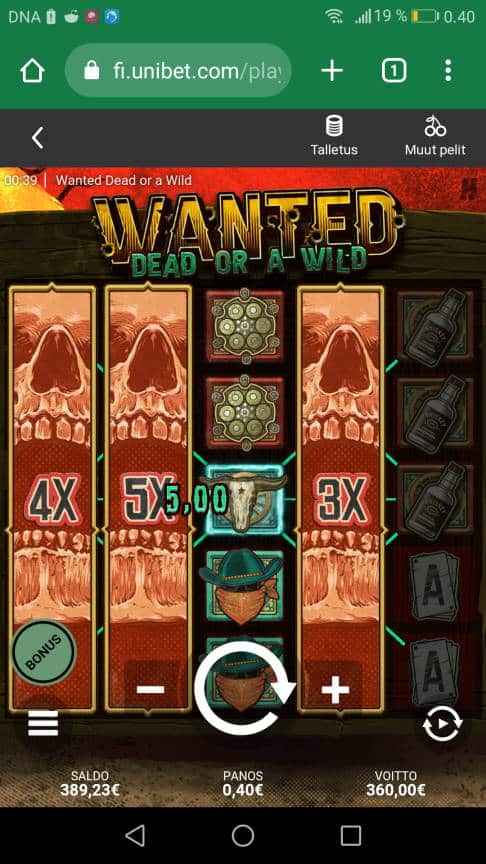 Wanted Dead or a Wild Casino win picture by Wile 28.7.2022 360e 900X Unibet