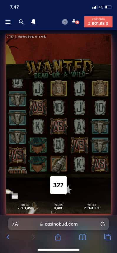 Wanted Dead or a Wild Casino win picture by atazi 13.7.2022 2760e 6900X Casinobud