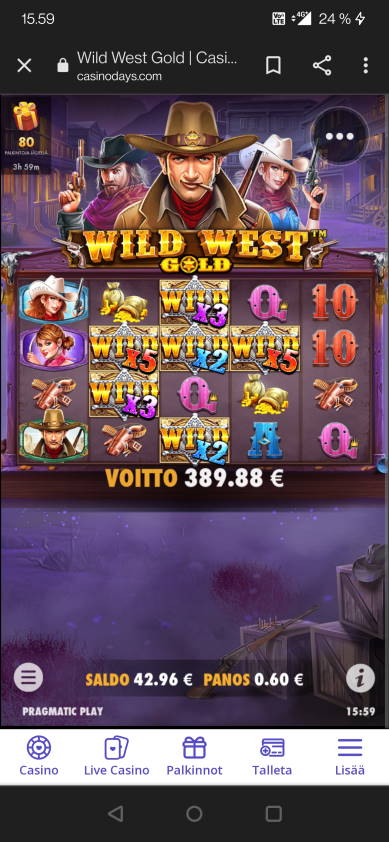 Wild West Gold Casino win picture by jelemeri 14.10.2021 389.88e 650X Casinodays