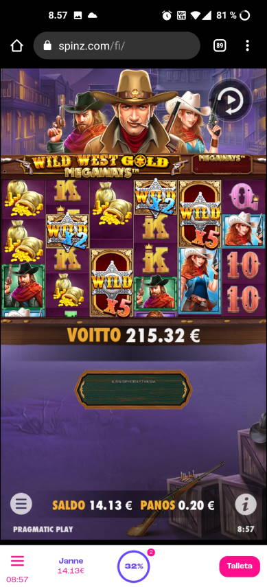 Wild West Gold Megaways Casino win picture by Janne 31.5.2022 215.32e 1077X Spinz