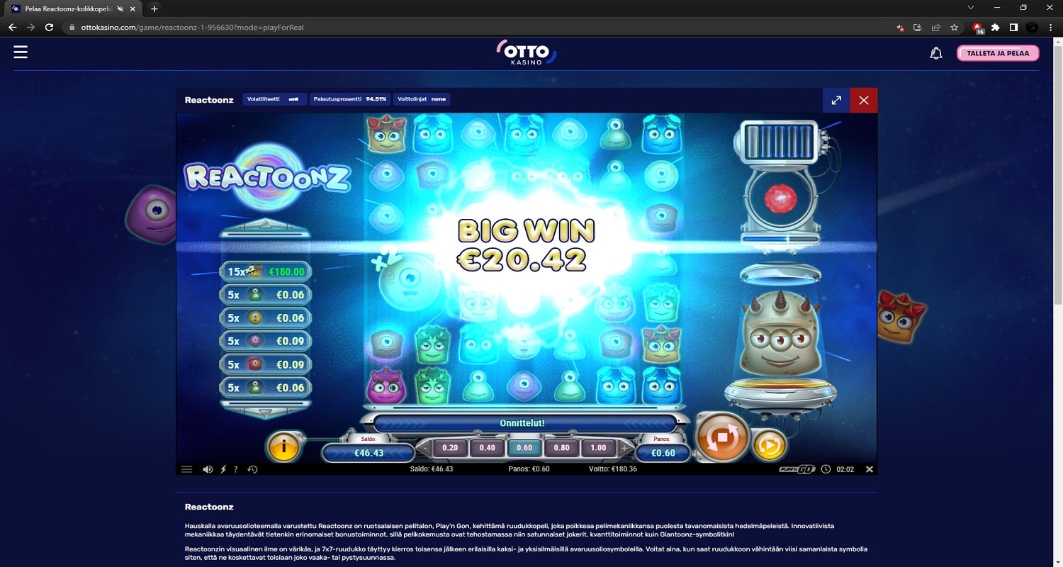 Reactoonz Casino win picture by PartyPantZ 180.36€ 300.6x 30.8.2022 Otto Kasino