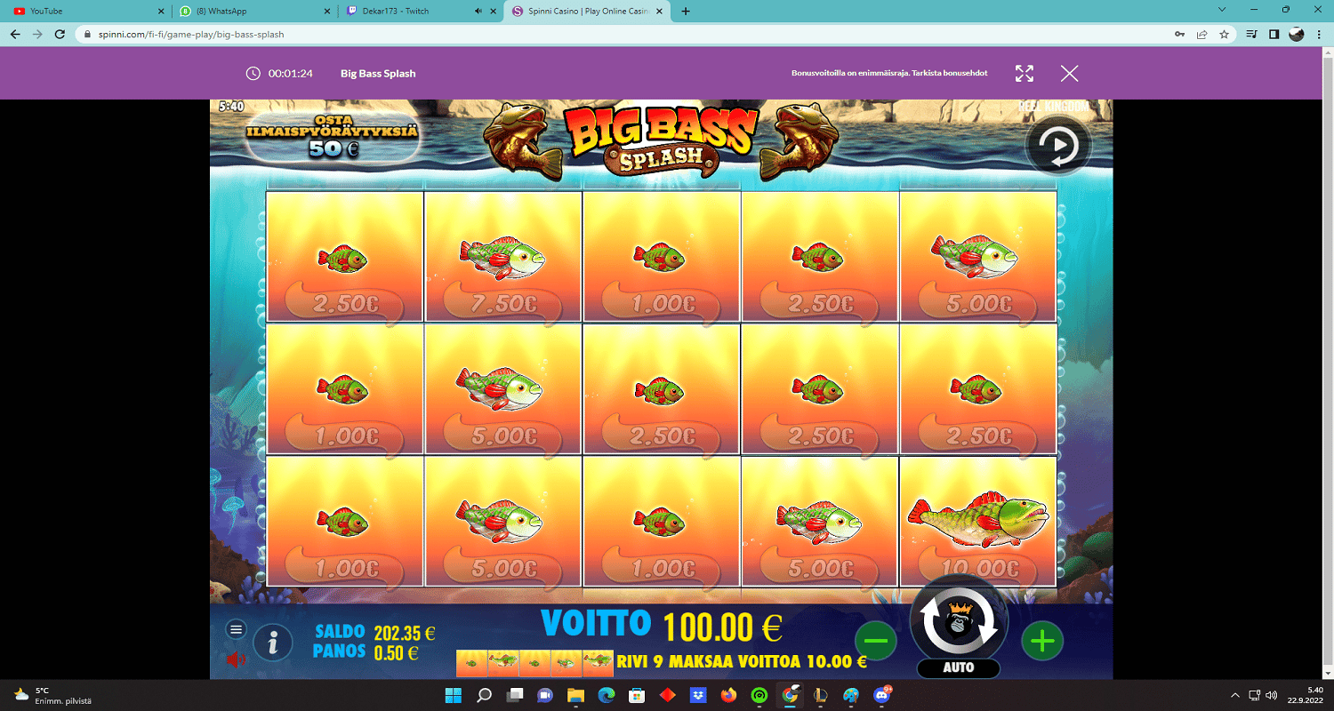 Big Bass Splash Casino win picture by Minkkiz 100€ 200x Spinni 22.9.2022