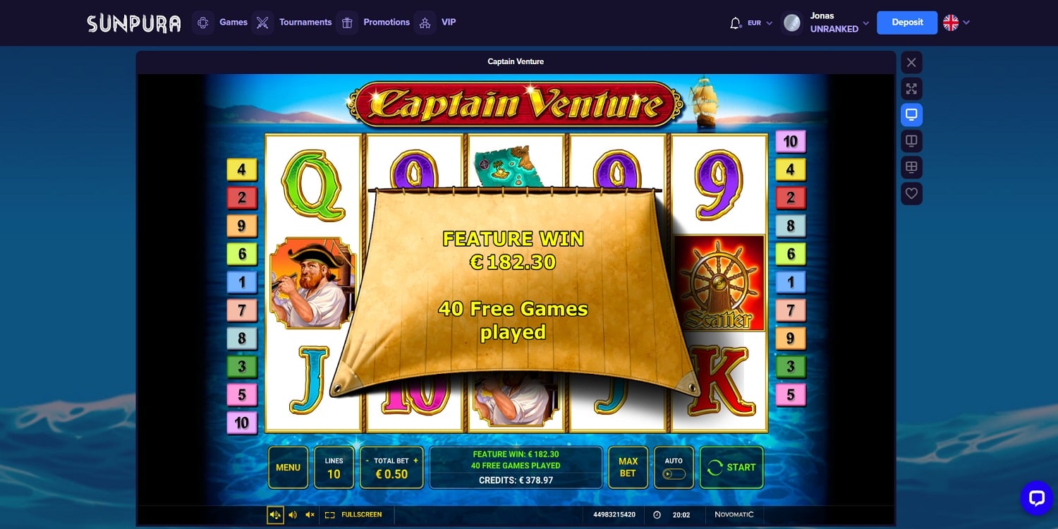 Captain Venture casino win picture by Jonkki 182.30€ 364.6x Sunpura 9.10.2022