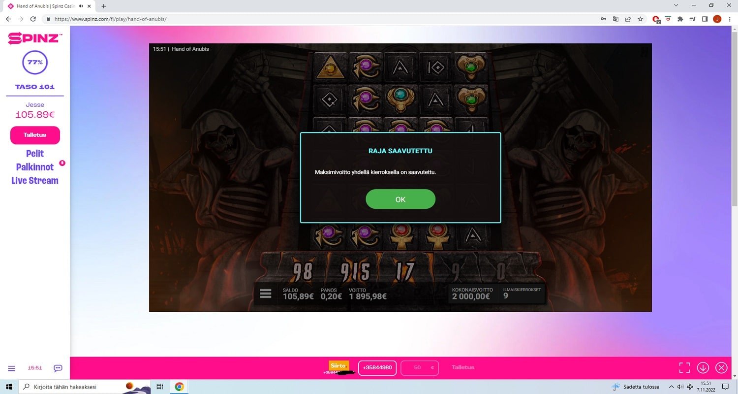 Hand of Anubis casino win picture by Jeppeeee90 2000€ 10000x 7.11.2022 Spinz