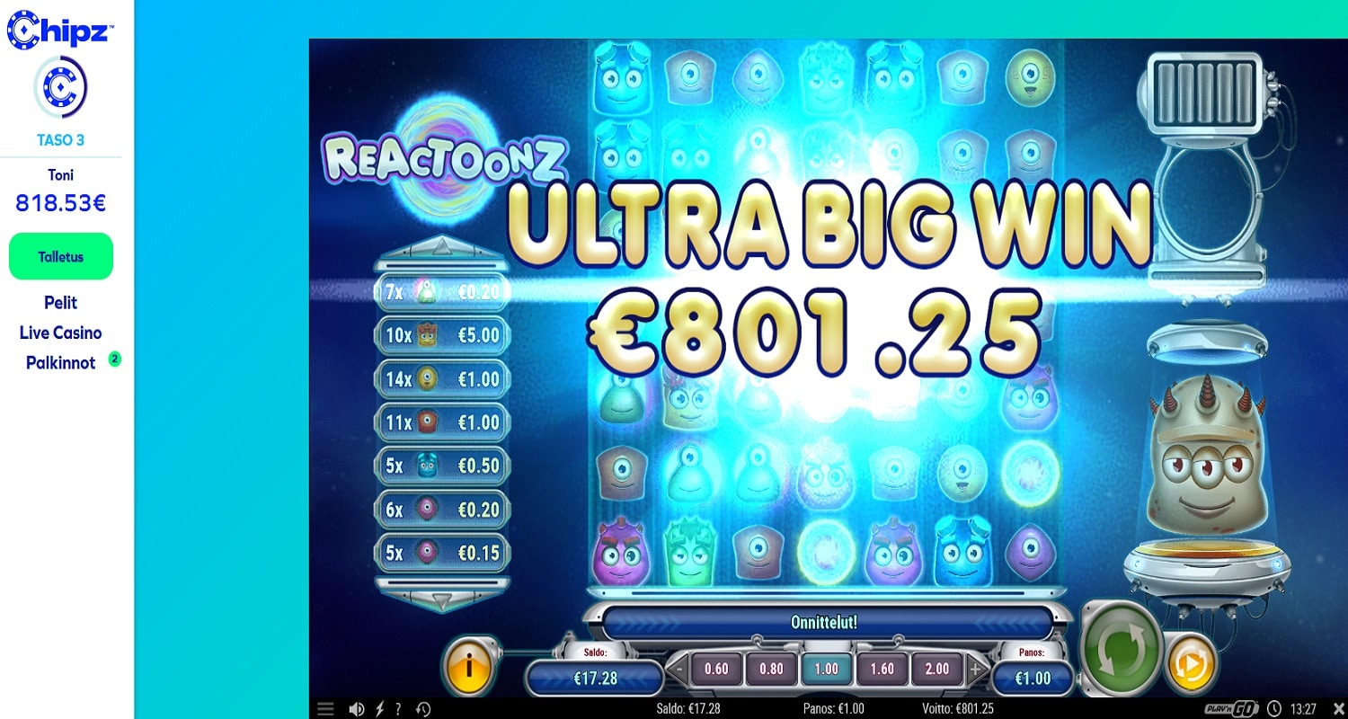 Reactoonz Casino win picture by tthh1 801.25€ 801.3x 4.10.2022 Chipz