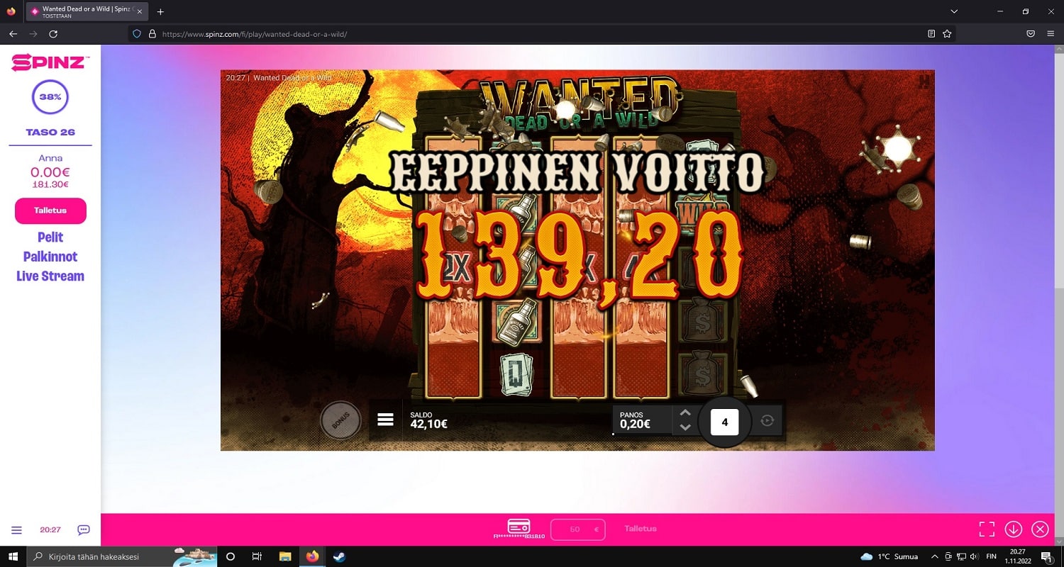 Wanted Dead or a Wild Casino win picture by Anna 139.2€ 696x 1.11.2022 Spinz
