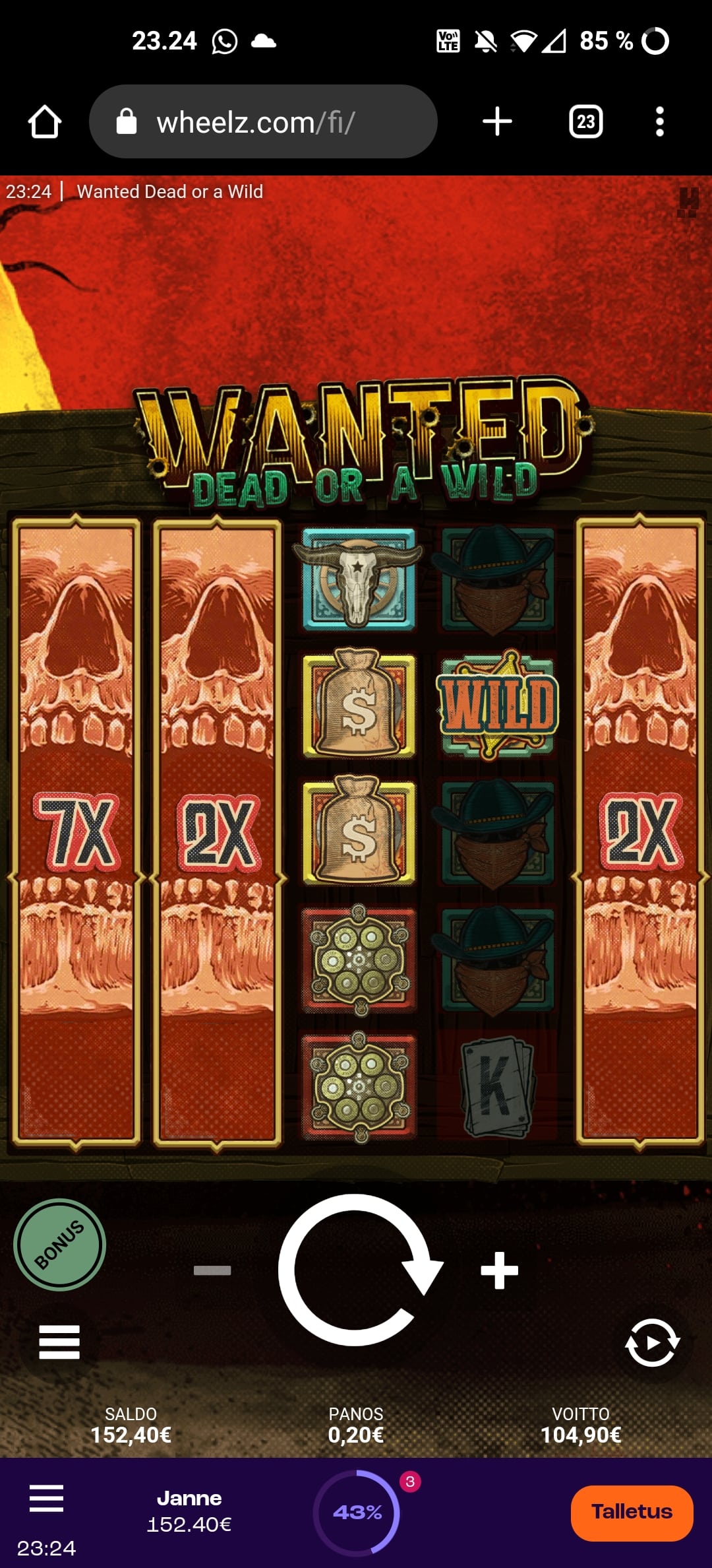 Wanted Dead or a Wild Casino win picture by Janne 104.90€ 524.5xx 27.9.2022 Wheelz