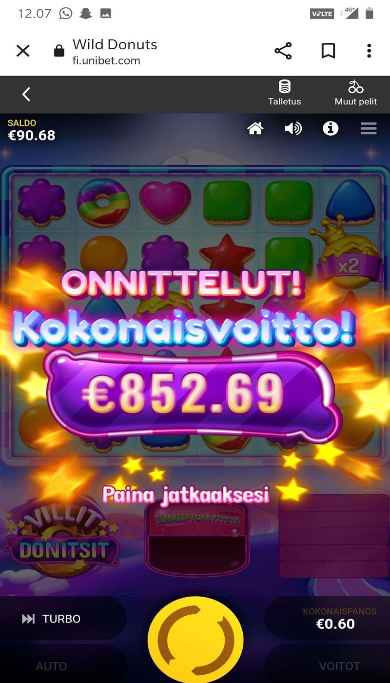 Wild Donuts Casino win picture by MikoTiko 852.69€ 1421.2x 3.10.2022 Unibet