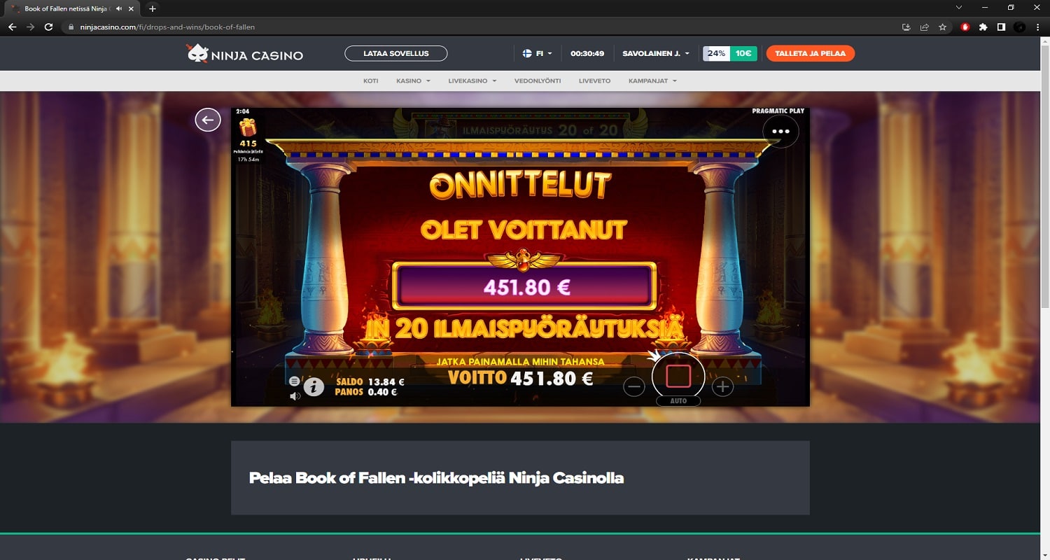 Book of Fallen Casino win picture by PartyPantZ 451.80€ 1129.5x 14.2.2023 Ninja Casino