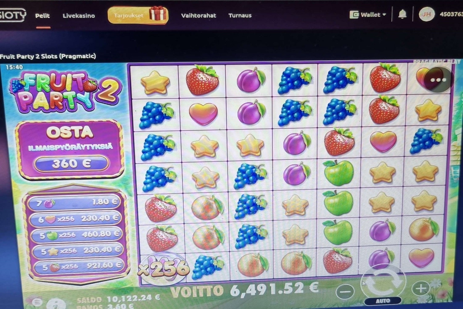 Fruit Party 2 Casino win picture by holari993 6491.52€ 1803.2x 24.12.2022 Sloty