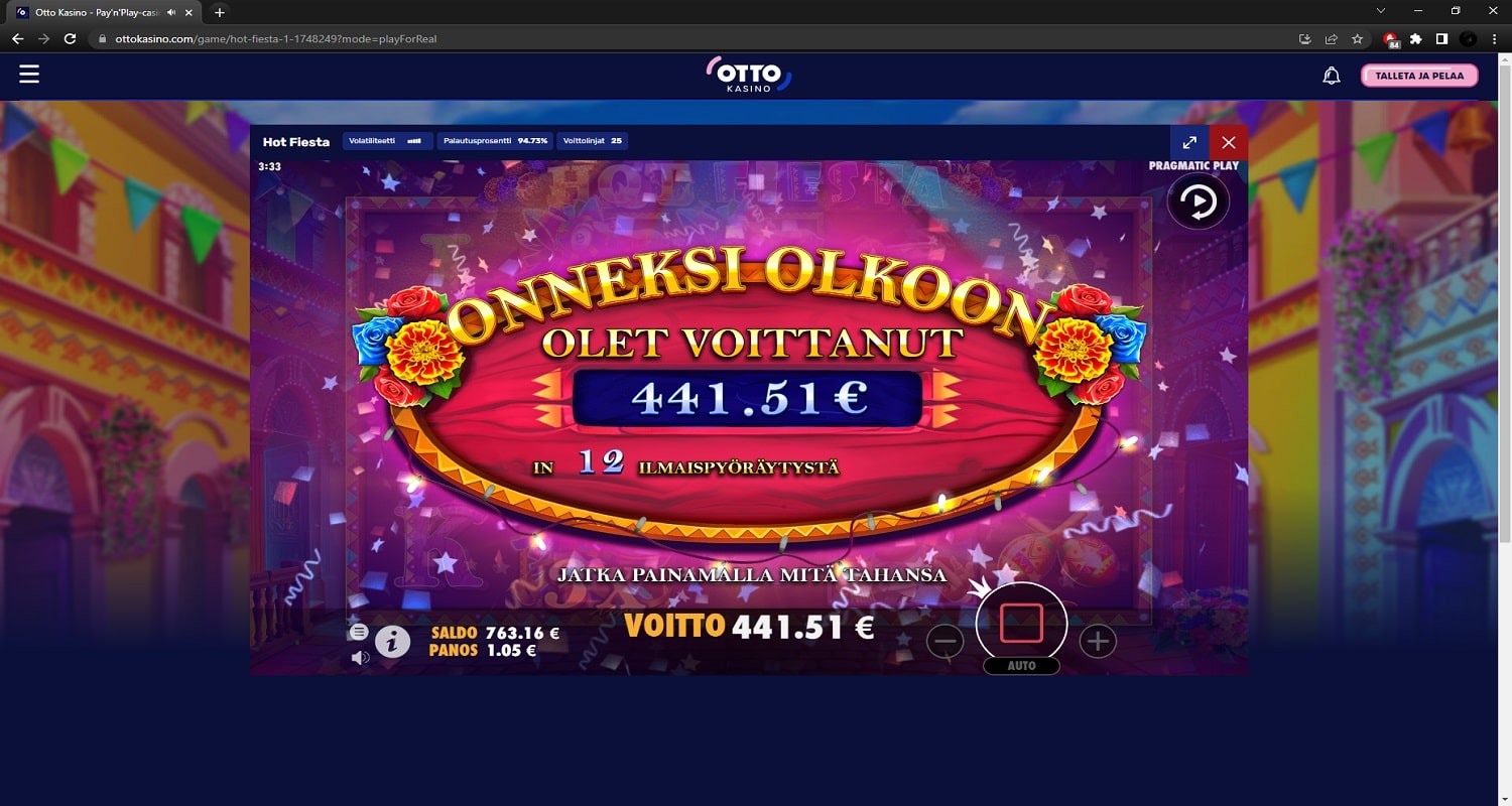 Hot Fiesta Casino win picture by PartyPantZ 441.51€ 420.5x 25.12.2022 Otto Kasino