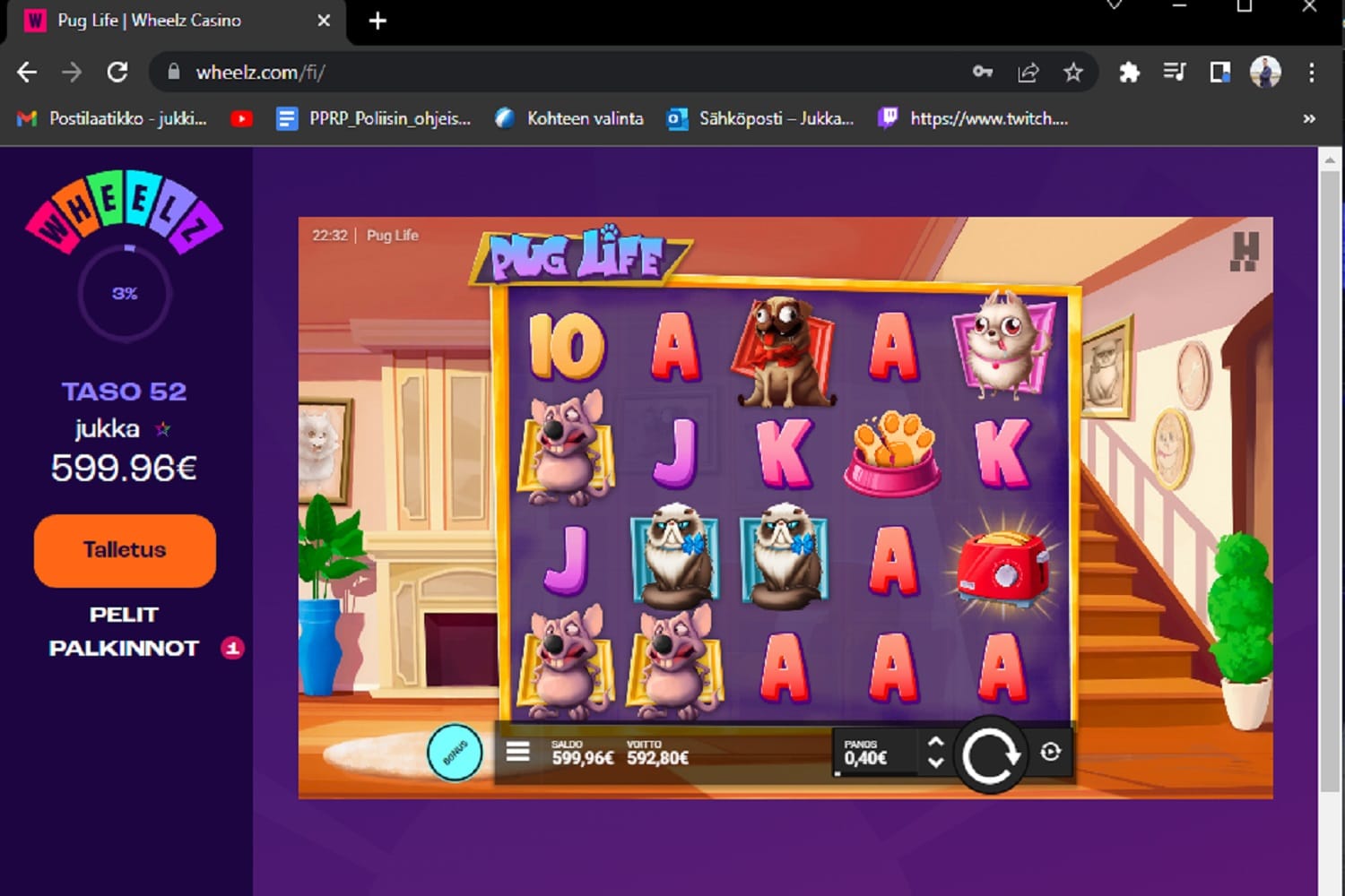 Pug Life casino win picture by Jukkiss 592.80€ 1482x 28.11.2022 Wheelz