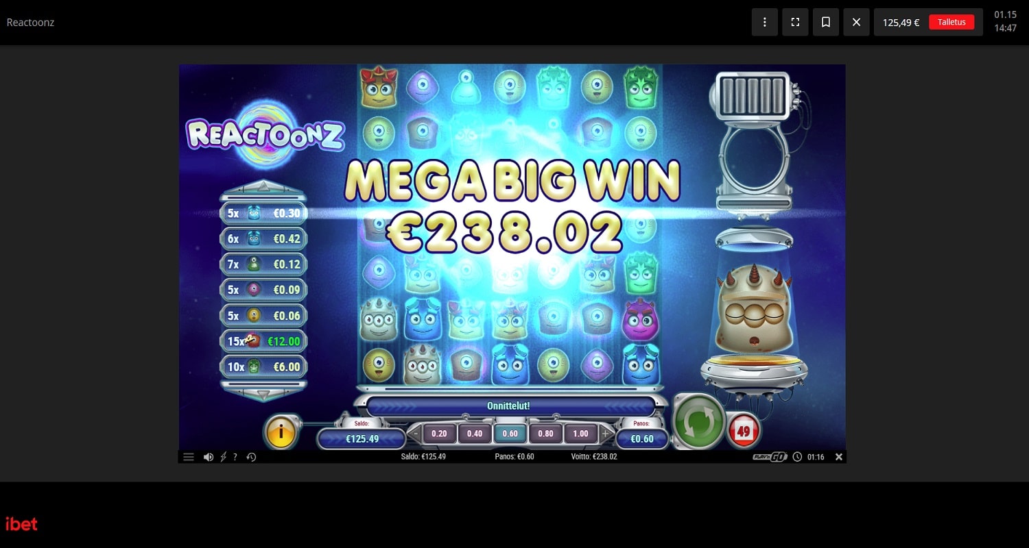 Reactoonz Casino win picture by Banhamm 238.02€ 396.5x 9.12.2022 iBet