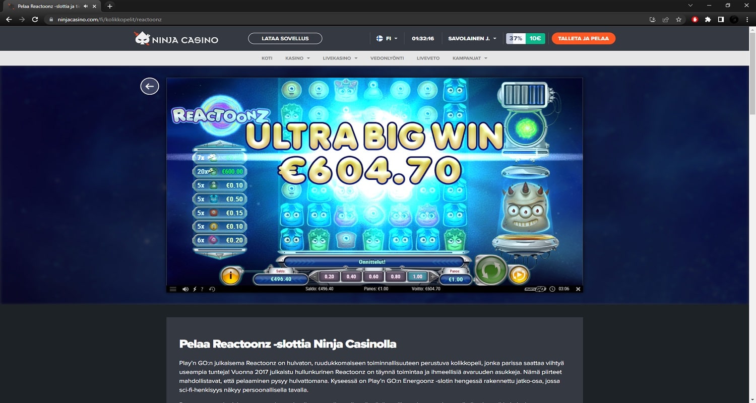 Reactoonz Casino win picture by PartyPantZ 604.70€ 604.7x 14.2.2023 Ninja Casino