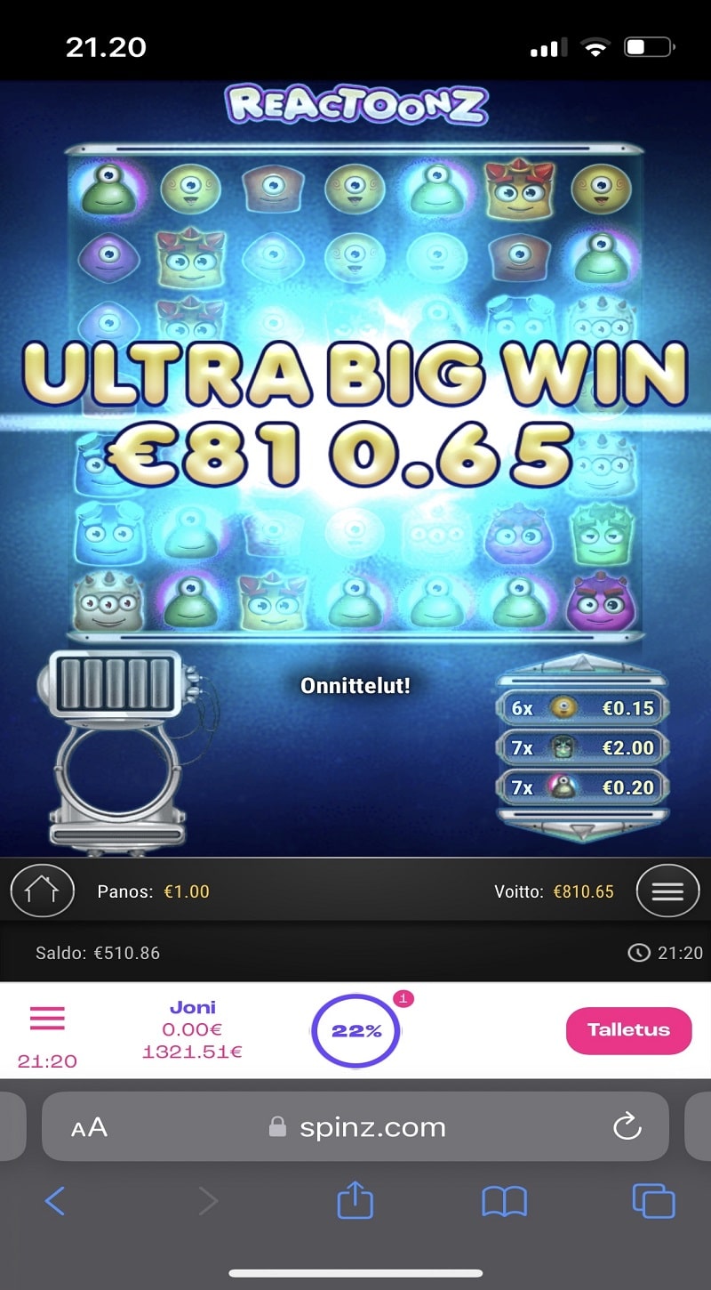 Reactoonz Casino win picture by inni 810.65€ 810.65x 24.1.2023 Spinz