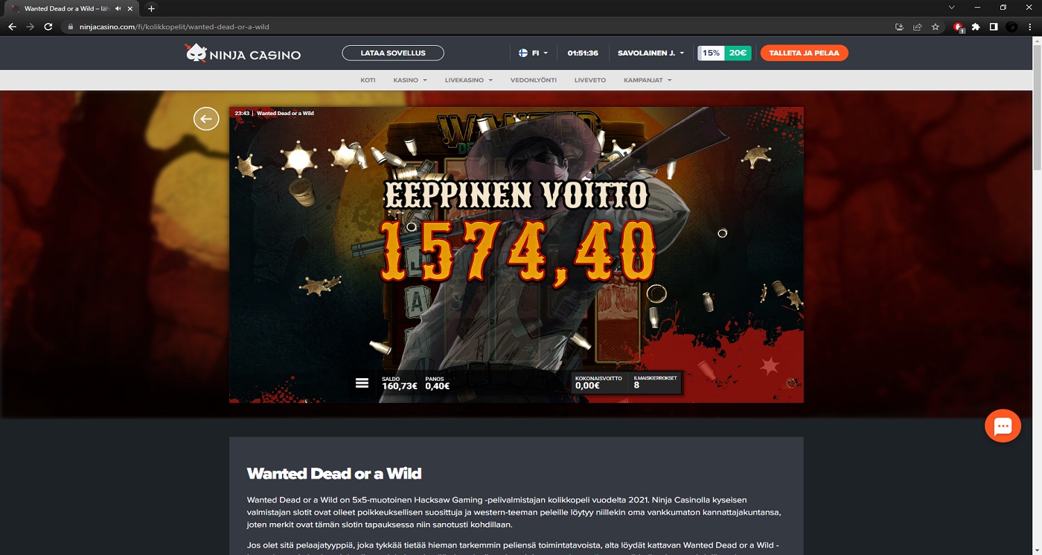 Wanted Dead or a Wild Casino win picture by PartyPantZ 1574.4€ 3936x 11.3.2023 Ninja Casino