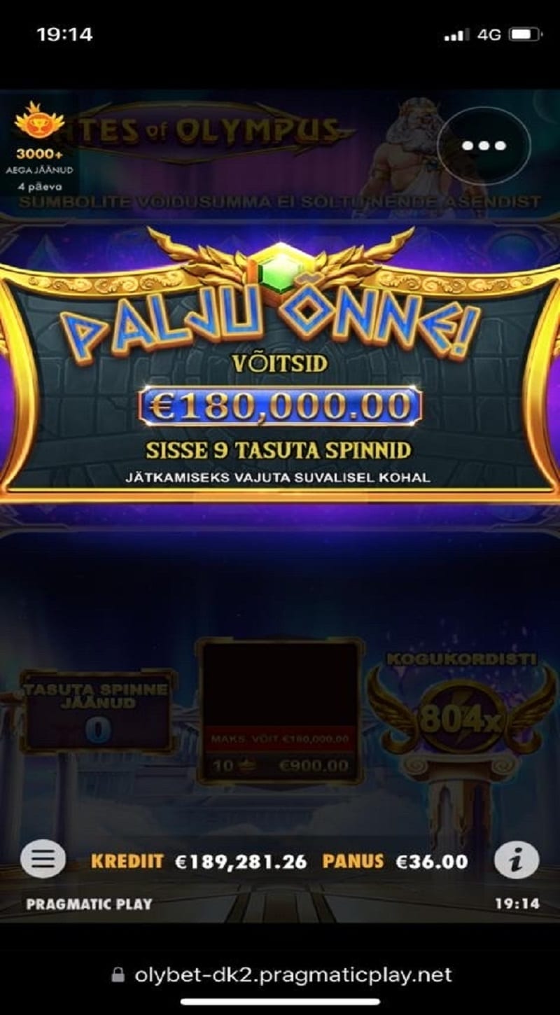 Gates of Olympus Casino win picture by jarttu's friend 180 000€ 5000x 13.4.2023 Olybet