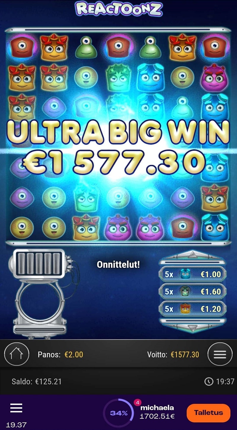 Reactoonz Casino win picture by tiikerililja 1577.3€ 788.65x 23.4.2023 Wheelz