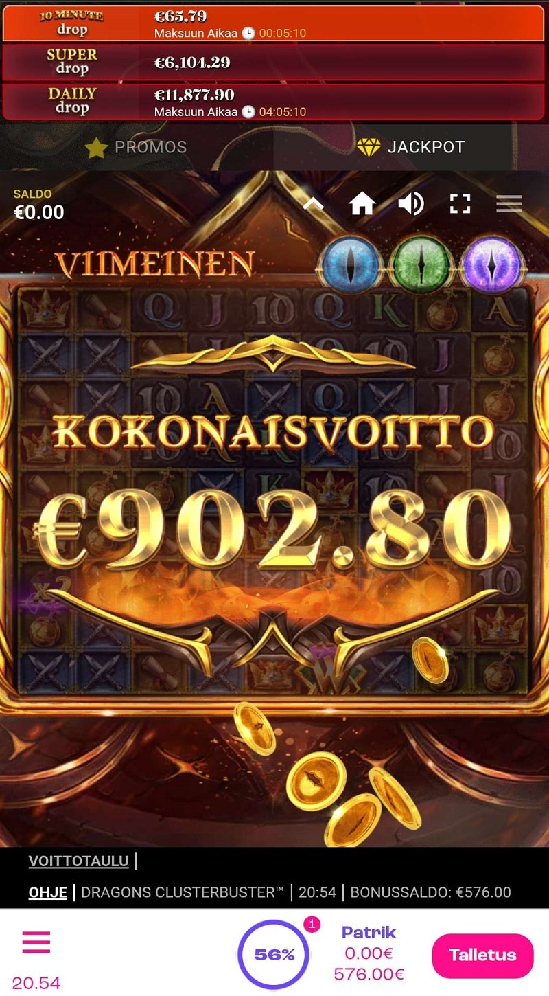 Dragons Clusterbuster Casino win picture by kaarlopossu 902.8€ 451.4x 9.6.2023 Spinz