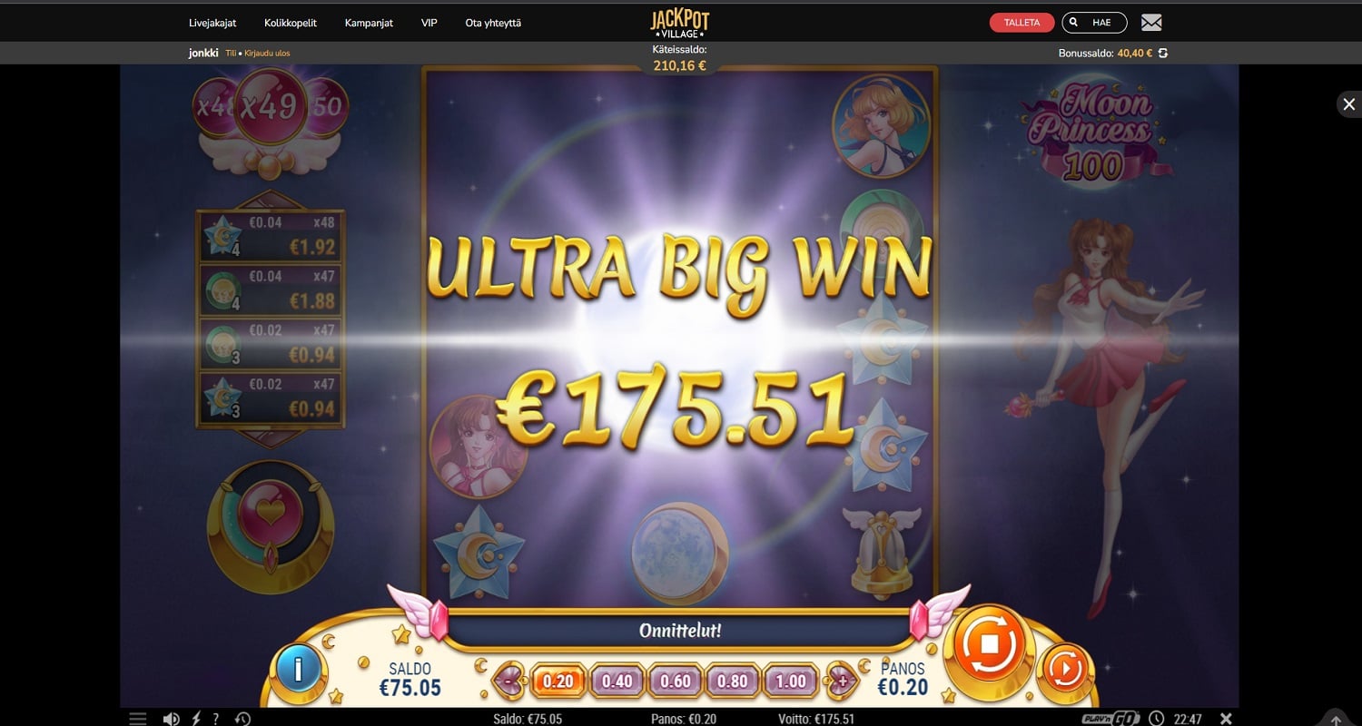 Moon Princess 100 Casino win picture by Jonkki 175.51€ 877.55x 11.6.2023 Jackpot Village