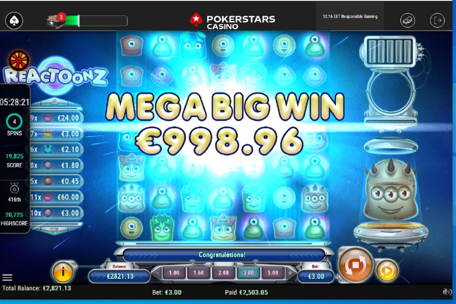 Reactoonz Casino win picture by tthh1 2503.05€ 834.35x 9.6.2023 Pokerstars