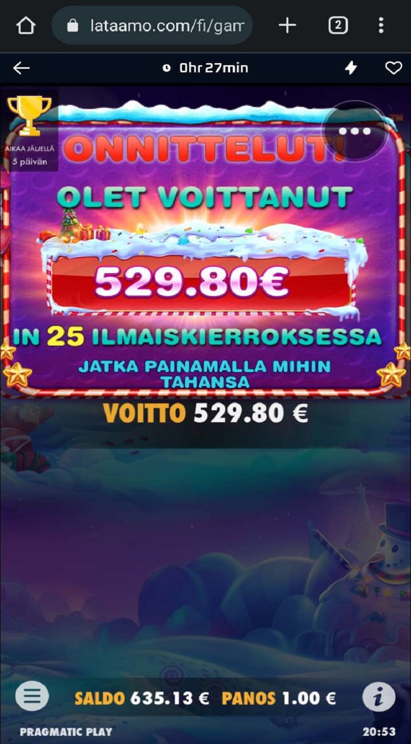 Sweet Bonanza Xmas Casino win picture by tuomasvaan 529.8€ 529.8x 20.6.2023 Lataamo