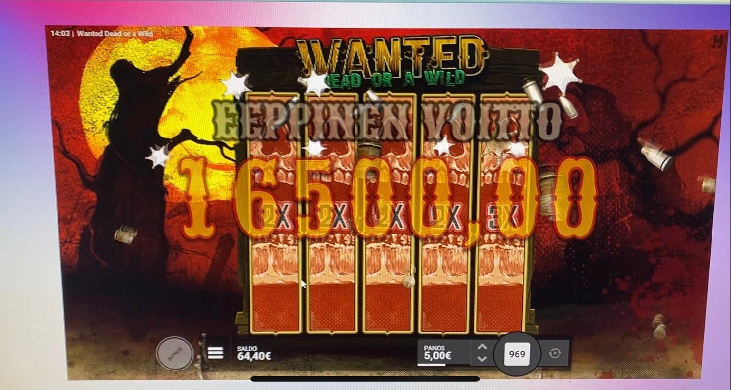 Wanted Dead Or a Wild Casino win picture by jarttu84 16500€ 3300x 13.6.2023 Spinz