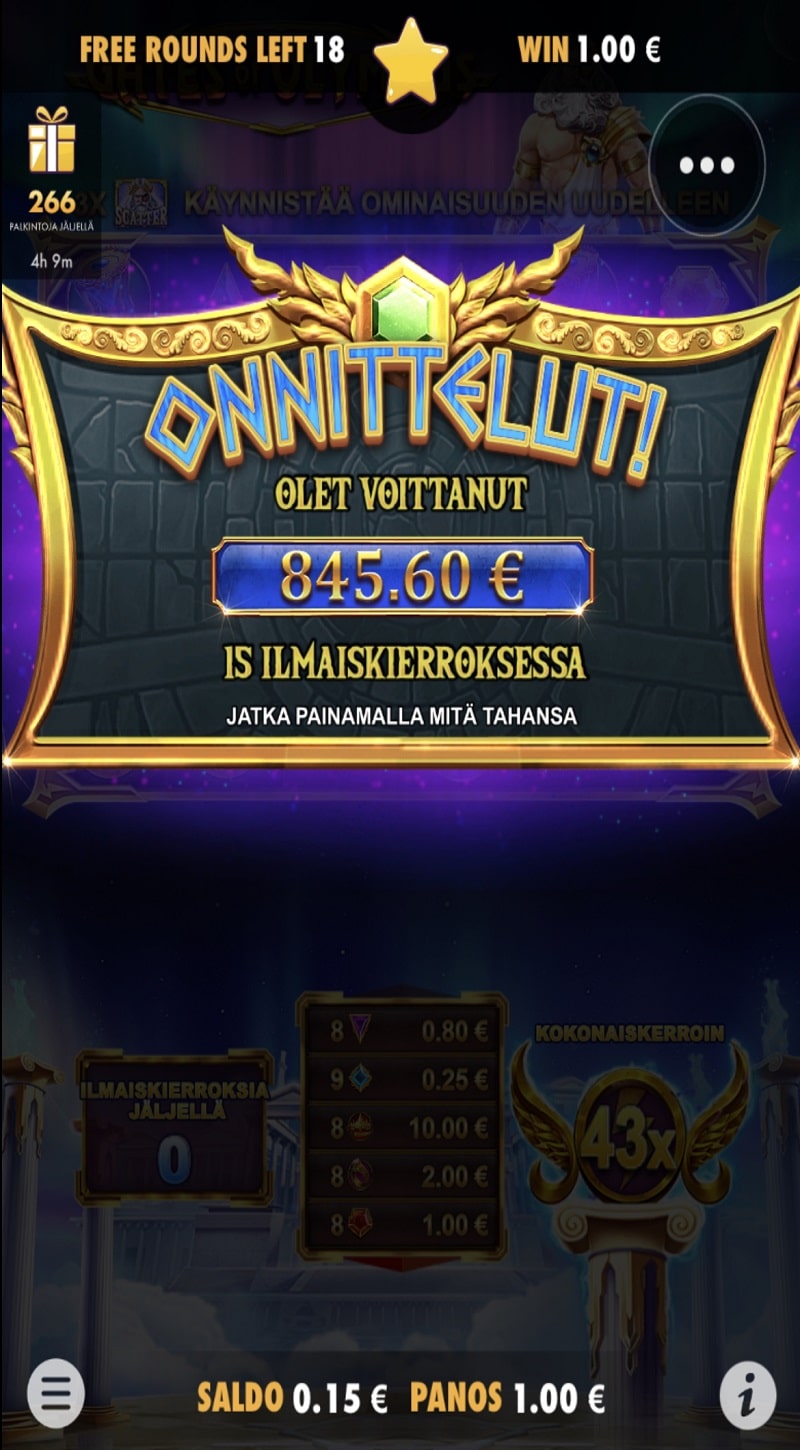 Gates of Olympus Casino win picture by Sonefinland 845.6€ 845.6x 24.8.2023 Kanuuna