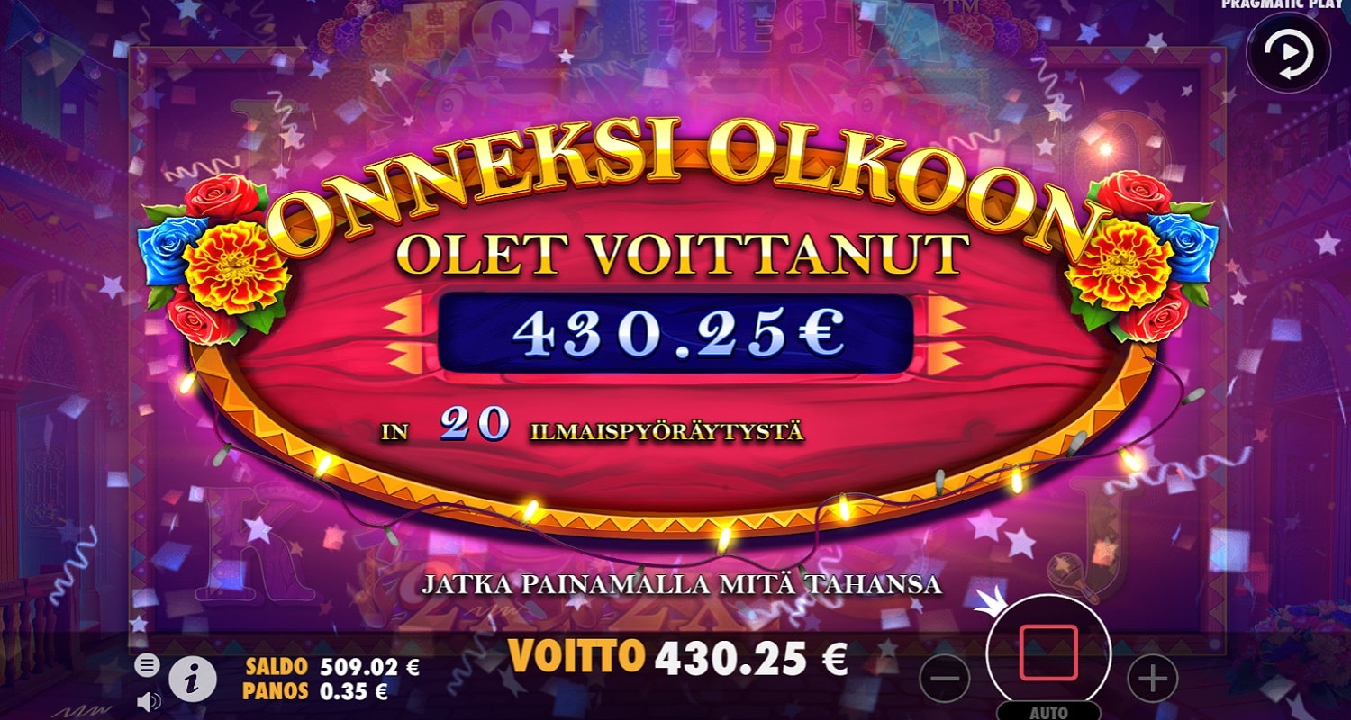 Hot Fiesta Casino win picture by Jokinen 430.25€ 1229.3x 11.8.2023