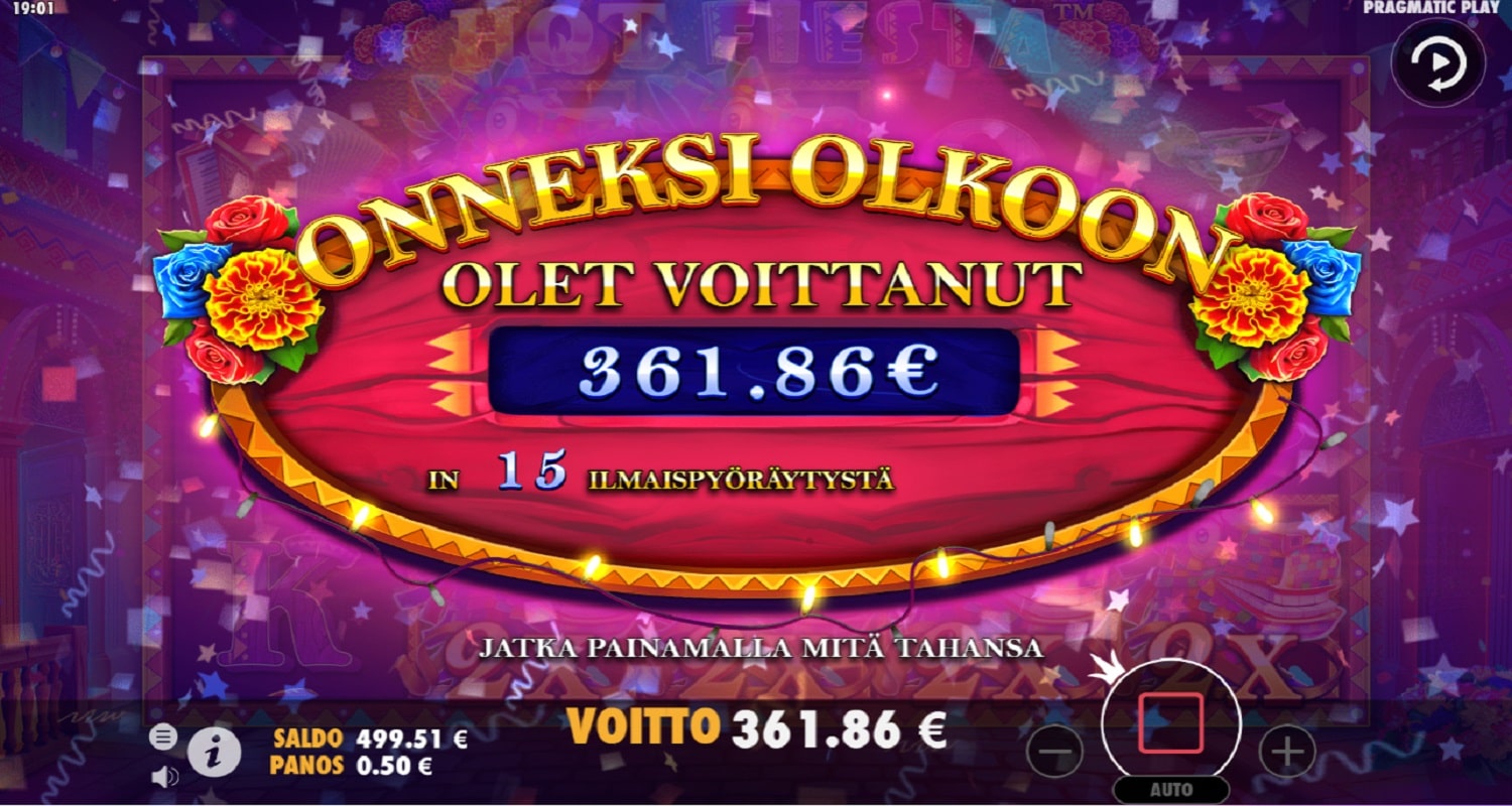 Hot Fiesta Casino win picture by TIR 361.86€ 723.72x 15.8.2023