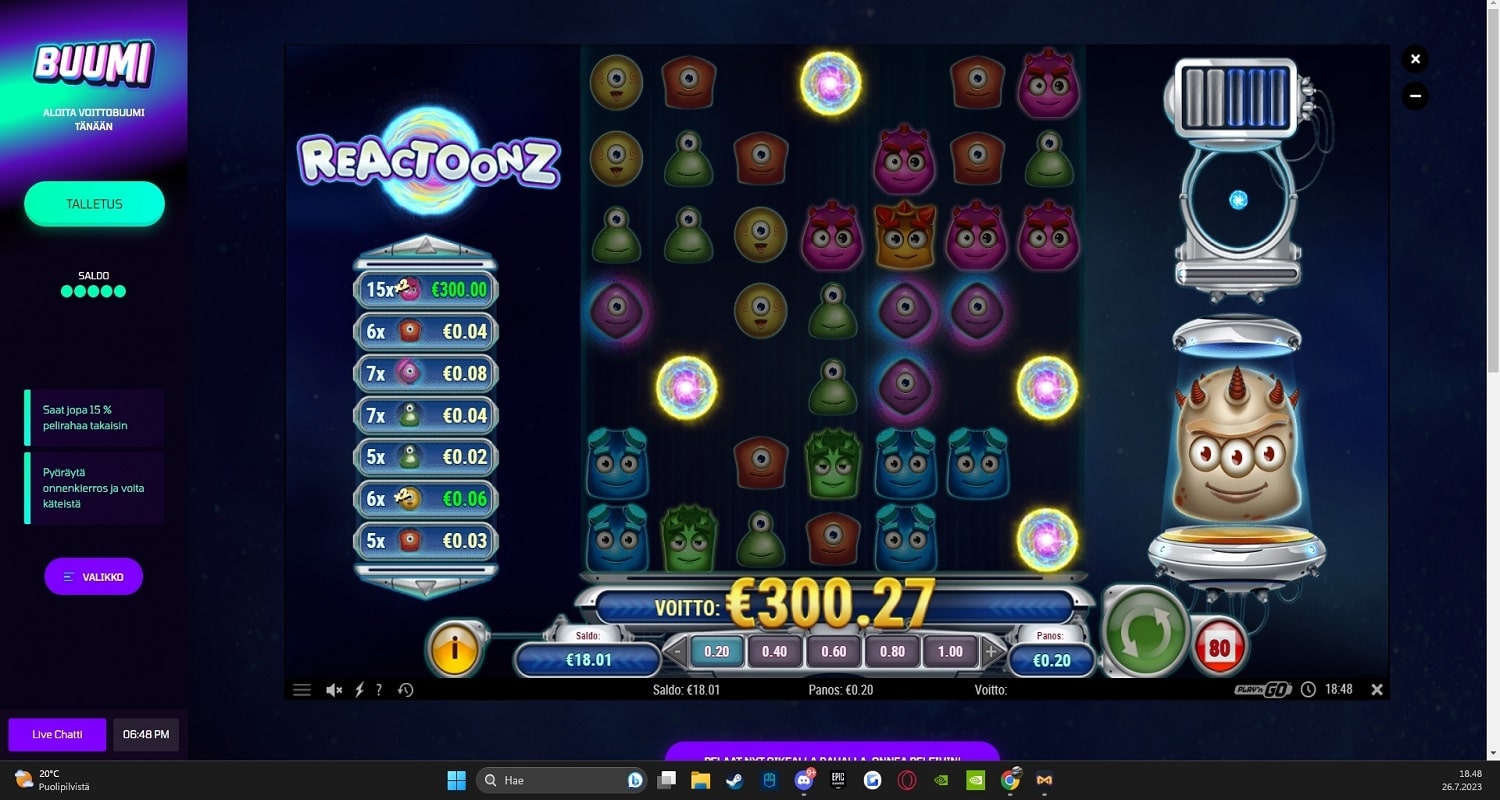 Reactoonz Casino win picture by sSpede 300.27€ 1501.35x 26.7.2023 Buumi