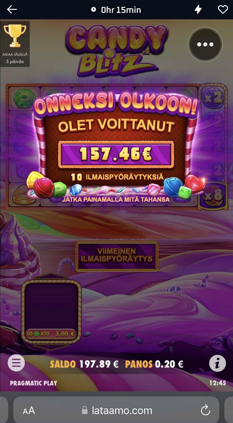 Candy Blitz Casino win picture by potteri 157.46€ 787.3x 31.8.2023 Lataamo