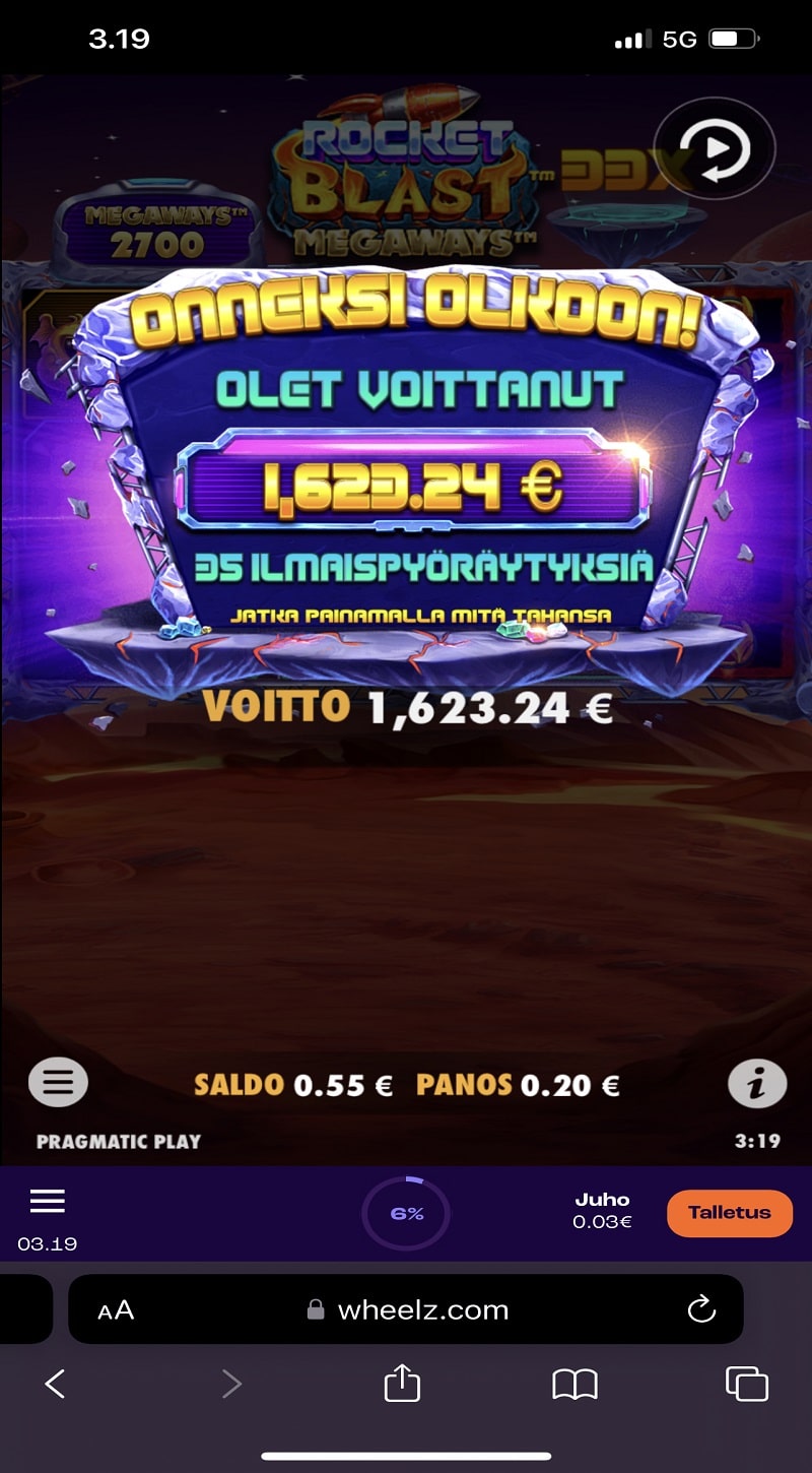 Rocket Blast Megaways Casino win picture by juhe 1623.24€ 8116.2x 3.9.2023 Wheelz