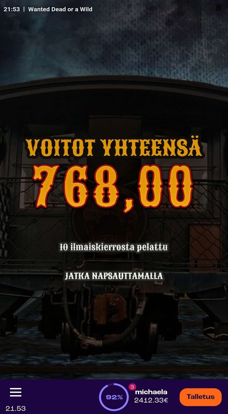 Wanted Dead Or a Wild Casino win picture by tiikerililja87 768€ 153.6x 6.9.2023 Wheelz