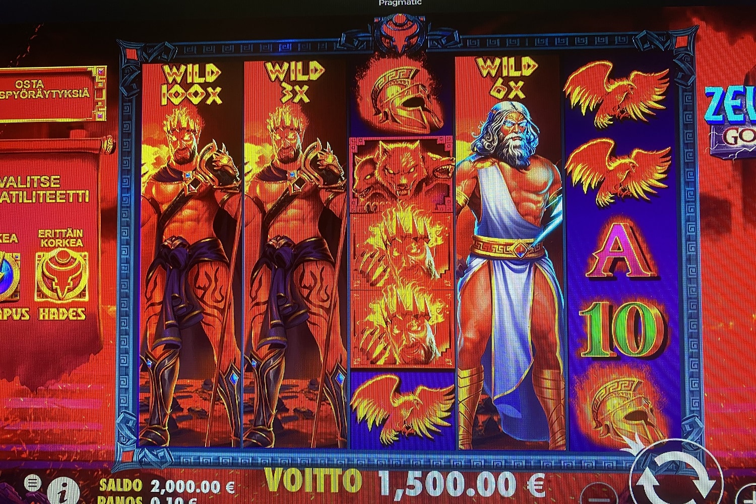 Zeus Vs Hades Casino win picture by Tane 1500€ 15000x 31.8.2023