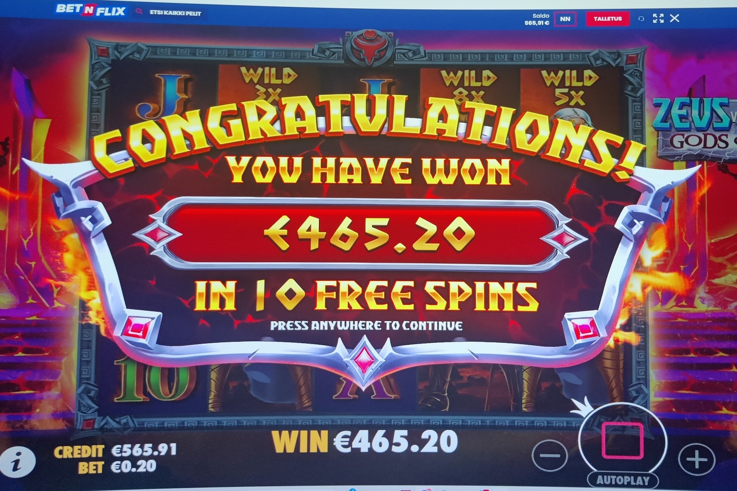Zeus Vs Hades Gods of War Casino win picture by Nudex 465.2€ 2326x 31.8.2023 Bet n Flix